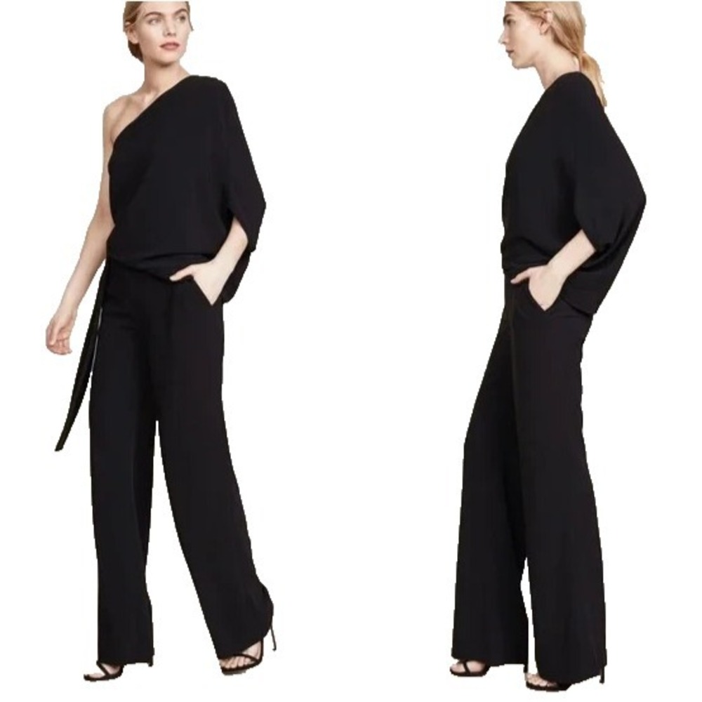 Halston Heritage Asymmetric Wide Leg Jumpsuit Sz 0 Black Tie Waist Draped Retro